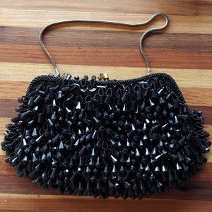 Black on Black Tear Drop Beaded Puffy Evening Clutch w/ Brass Clasp & Rope Drop